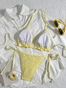 Swim Mod Bộ bikini đi biển mùa hè 2 mảnh dành cho nữ, áo bikini buộc dây cổ yếm có họa tiết đặc biệt và quần bikini buộc dây bên hông có bèo nhún. - Màu vàng - Xem 2