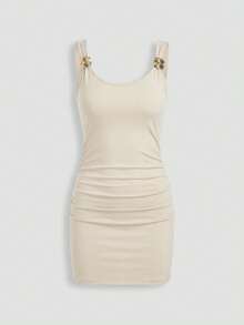 Franclia Women's Elegant Spaghetti Strap Bodycon Mini Dress, Metal Decor Sexy Tight Fitting Dress - Apricot - View 7