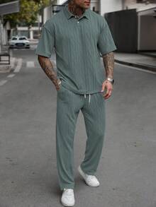 Manfinity Homme Men's Knitted Textured Fabric Polo Shirt And Pants Set - Green - View 3