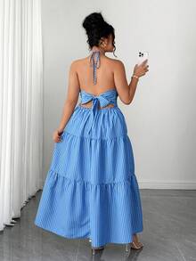 Elenzga Women's Fashionable Elegant Halter Backless Tie Strap Striped Dress - Blue and White - View 5