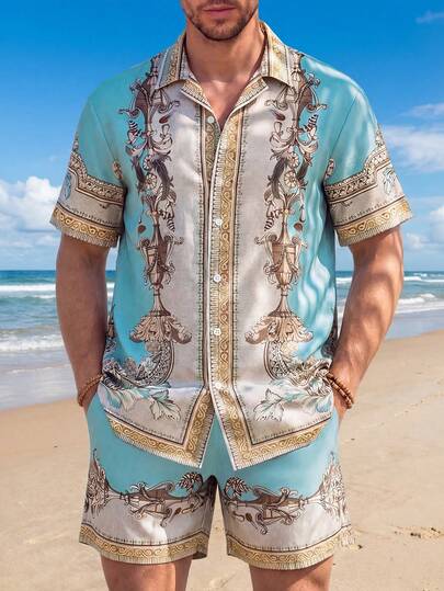 VIVINTIMO 时尚休闲成熟度假奢华宫殿压花元素全覆盖印花标准版型短袖纽扣衬衫和短裤套装，2 件套，适合夏季户外度假、约会、派对、情侣装，送给男朋友的绝佳礼物，舒适服装