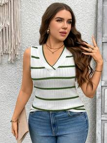 SHEIN LUNE Plus Size Women V-Neck Striped Knit Vest,Summer Outfits For Women Summer Boho Old Money Summer Outfits For Women Spring Break Rave Outfits Festival Spring Break Outfits - Army Green - View 6