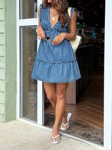 SHEIN Women's Denim Extra Long High Slit Dress - Blue - View 5