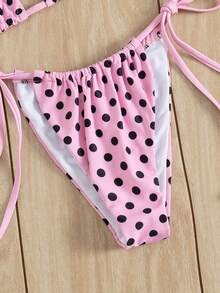 Swim Mod Summer Vacation Colorblock Polka Dot Print Halter Tie 2 Pieces Bikini Set - Multicolor - View 4