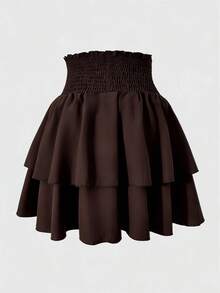 SHEIN 少女纯色收腰双层荷叶边泡泡裙 - 棕色 - 查看 2