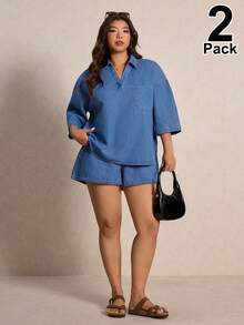 Elaquor 大码牛仔短袖上衣和短裤两件套 - 中等水洗藍 - 查看 2