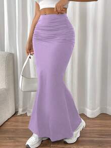 Almamuse Petite Jupe noire élastique plissée sur les côtés avec ourlet fishtail, polyvalente et sexy. Pour tenue maxi femme en automne/hiver - Prune - Voir 6
