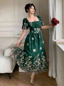 DAZY Vestido com bordado floral francês, estilo romântico nostálgico, novidade da moda: vestidos de verão boho para mulheres, perfeitos para férias. - Verde escuro - Ver 7