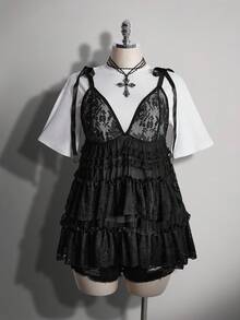 SHEIN ICON 大码女士性感黑色蕾丝衬衫 - 黑色 - 查看 3