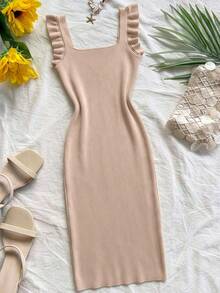 Rafferiza Vestido midi de malha bege macio, justo, com decote quadrado, costas nuas, modelagem vintage romântica, estilo europeu e americano, design sofisticado, barra com babados delicados, sem mangas, ideal para ocasiões casuais; Vestido minimalista de malha de cintura alta, cor sólida, personalizado, para festas e coquetéis. - Rosa Empoeirado - Ver 8