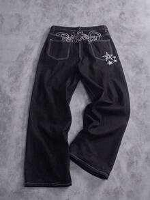 Manfinity ZONE917 Casual Loose Fit Wide Leg Jeans With Back Pocket Star & Letter Embroidery Design - Black - View 1