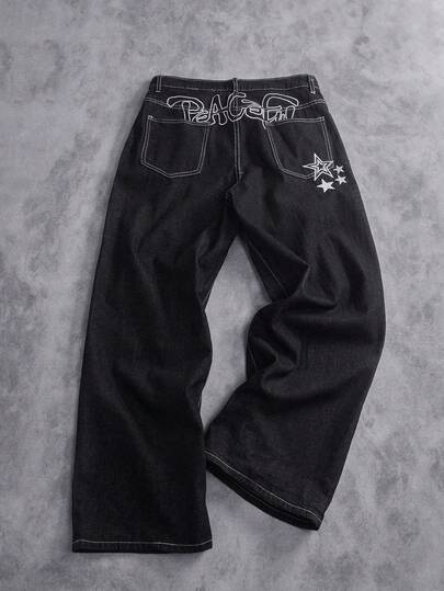 Manfinity ZONE917 休闲宽松阔腿牛仔裤，后袋饰有星星和字母刺绣图案