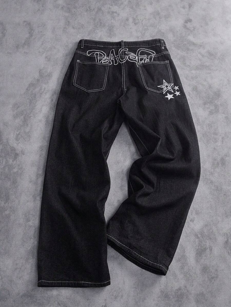 Manfinity ZONE917 Casual Loose Fit Wide Leg Jeans With Back Pocket Star & Letter Embroidery Design - Black - View 1