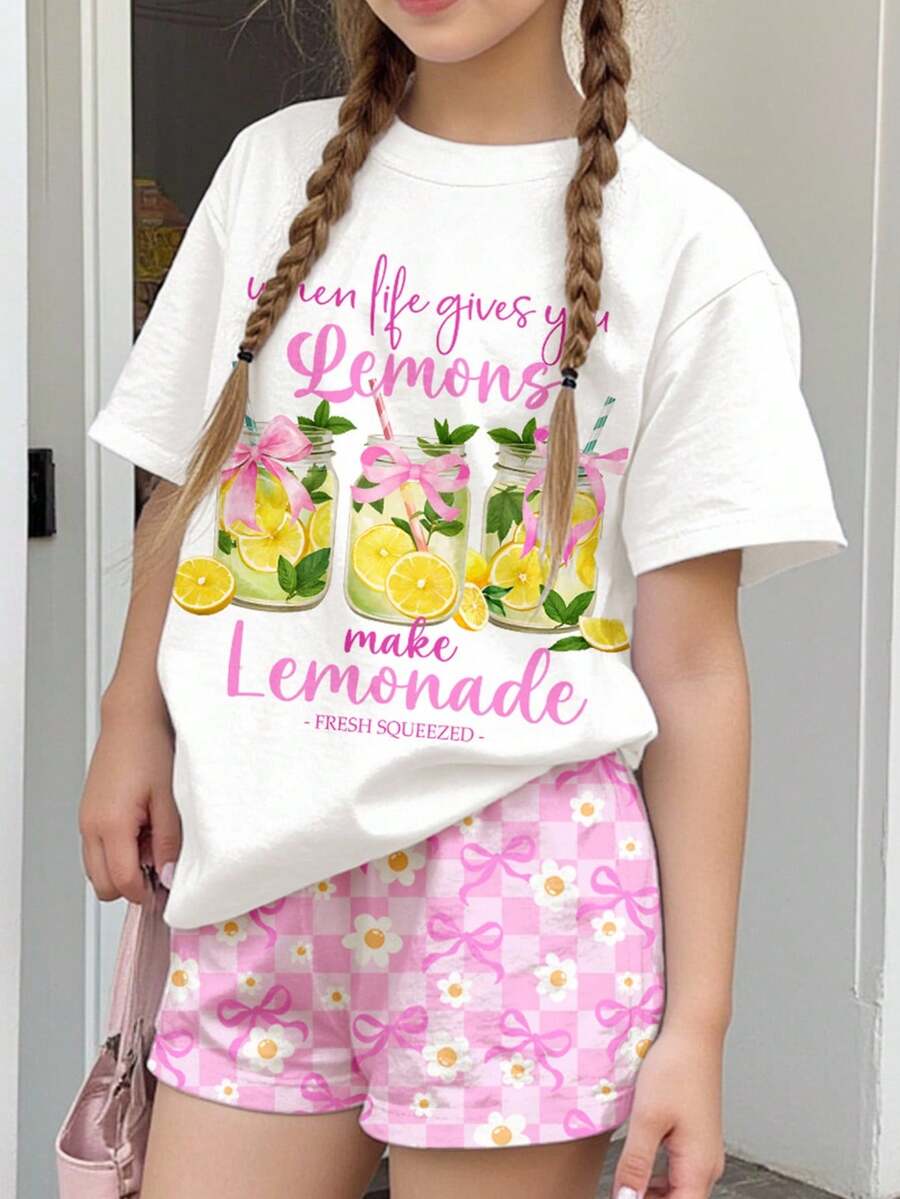 Teen Girl Casual Hawaii Island Vacation Lemon Print Round Neck Short Sleeve T-Shirt And Loose Shorts 2-Piece Set, Suitable For Spring/Summer Daily Wear & Outdoor - Multicolor - View 1