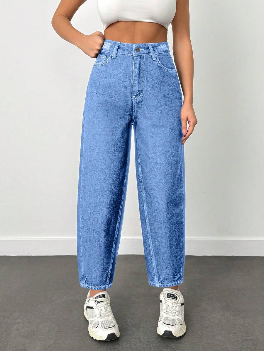 100% Cotton High Waist Balloon Fit Jean 06-559 - Blue - View 1