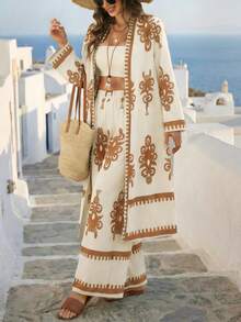 Breezaya Conjunto de 2 piezas de mujer con estampado vintage de otoño - Caqui - Ver 4