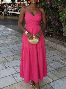 Slaydiva New Early Spring, Spring And Summer Music Festival, Valentine's Day, Easter, Bohemian Style, Nomadic Style, Casual, Simple And Basic, Cruise Party, Birthday Party, Daily Date, Casual Vacation, Elegant Commuting, Halter, Cross Front Piece Design, Cake Skirt, Long Skirt A, Beach Skirt, Rose Red Dress, Long Dress For Women -A - Hot Pink - View 8