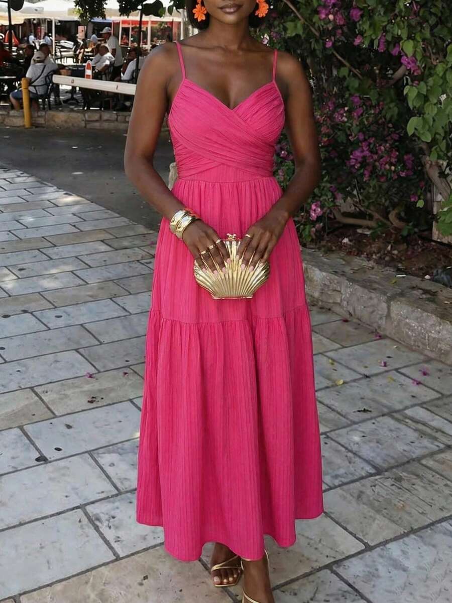 Slaydiva New Early Spring, Spring And Summer Music Festival, Valentine's Day, Easter, Bohemian Style, Nomadic Style, Casual, Simple And Basic, Cruise Party, Birthday Party, Daily Date, Casual Vacation, Elegant Commuting, Halter, Cross Front Piece Design, Cake Skirt, Long Skirt A, Beach Skirt, Rose Red Dress, Long Dress For Women -A - Hot Pink - View 1