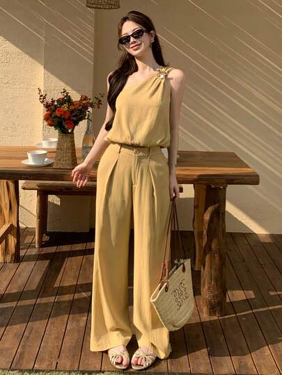 DAZY 女士休闲纯色无袖上衣和裤子两件套，夏季