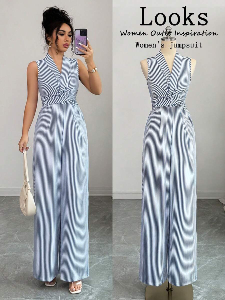 SHEIN Elenzya Bộ jumpsuit nữ thanh lịch màu xanh trắng kẻ sọc cổ chữ V, eo chéo, ống rộng, thích hợp cho mùa xuân/hè. - Xanh và trắng - Xem 1