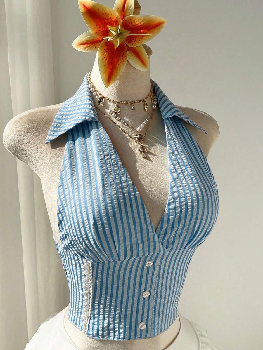 Flirla Women's Pink Striped Deep V-Neck Backless Side Splice Frill Trim Button Design Fitted Sexy Sweet Beach Vacation Blouse - Blue - View 1