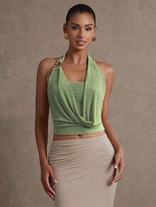 Hauture Women's Solid Color Minimalist Daily Wear Draped Neck Top - Green - View 3