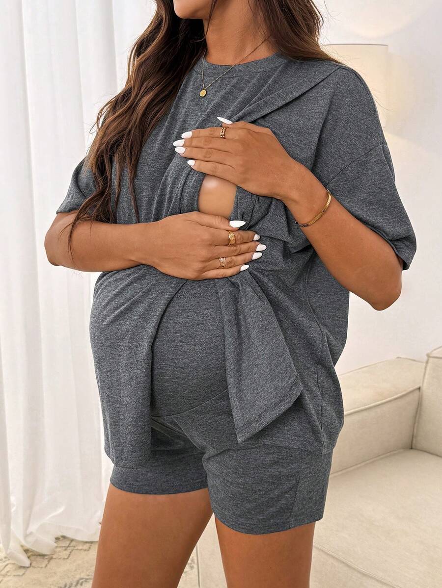 SHEIN 孕妇纯色圆领短袖T恤和短裤休闲两件套 - 灰色 - 查看 1