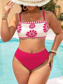 Swim Lushoire Plus Size Women Simple Daily Summer Swimwear Set - Hot Pink - View 5