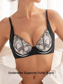 DesireSculpt 女士网纱刺绣钢圈文胸 1 件装 - 黑與白 - 查看 1
