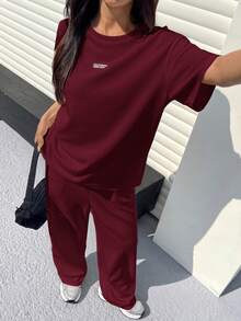 Muchica 玫瑰红纹理休闲宽松T恤裤套装（女款） - 玫瑰紅 - 查看 3