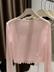 INAWLY 女士纯色长袖单排扣休闲针织开衫 - 粉色 - 查看 2