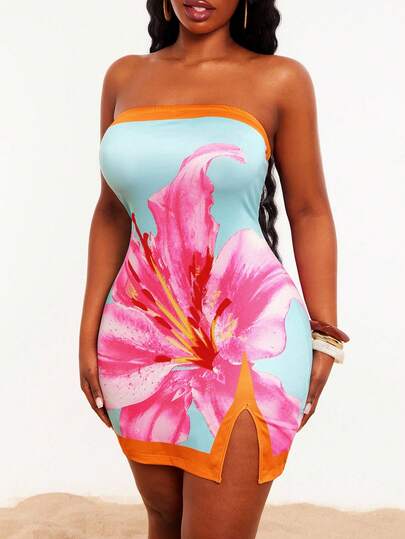 Radiana Große Größen Damen Blume Muster Schlitz Design Casual Urlaubs-Date Bandeau Kleid, Frühling/Sommer