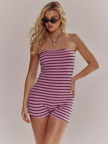 MUSERA Bộ áo liền quần quây ngực không dây bằng vải nỉ kẻ sọc, ôm sát, thích hợp cho mùa xuân hè, dễ thương, nữ tính, đi nghỉ mát, đi biển, mặc hàng ngày, màu kem sorbet. - Màu Hồng Tươi - Xem 5