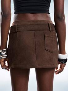 Aveloria GENKIRA New Fashion European And American Style Faux Suede Waist Belt Loose Casual Retro Commuter Elegant Mini Bodycon Skirt For Women - Brown - View 2