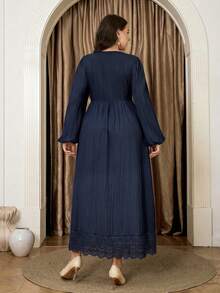 Veilorie Plus Size Elegant Commuter Solid Color Lace Patchwork Dress - Navy Blue - View 2