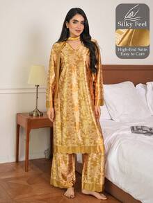 DAZY Bộ đồ ngủ nữ thanh lịch gồm áo dài tay và quần dài, họa tiết hoa jacquard. - Hồng - Xem 7