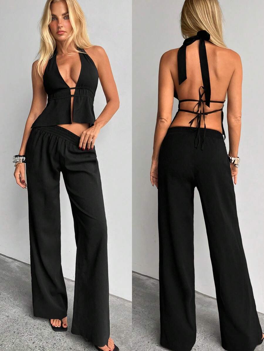 Aloruh Women's Sexy Elegant Deep V Backless Textured Fabric Vacation 2 Pieces Set, Black