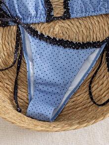 Swim Mod Spring/Summer Beach Vacation French Retro Polka Dot Ruffle Halter Bikini Set, 2 Pieces Swimsuit - Multicolor - View 5