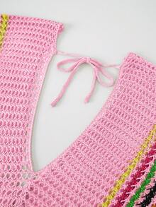 BamGleam Halter Neck Knit See-Through Dress Maxi Women Outfit - Baby Pink - View 3