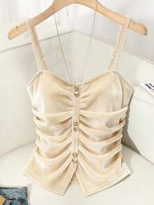 Franclia Nova Chegada Primavera/Verão Design Elegante e Doce Camiseta Feminina com Botões Plissados em Veludo Brilhante - Damasco - Visão 3