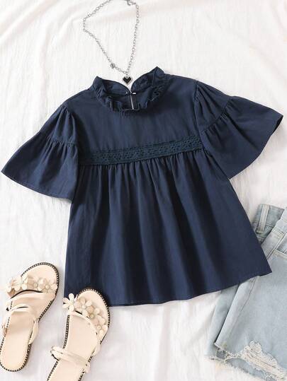 Girls' Casual Vacation White, Blue, Navy Petal Sleeve Blouse, Summer Tops, Soft & Fashionable Design, Versatile, Suitable For Vacation, Travel, Campus, Daily Wear
