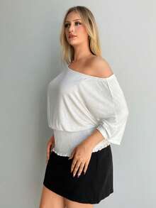 Auralis Camiseta de talla grande de verano, de unicolor, con cuello asimétrico y cintura ceñida - Blanco - Ver 5