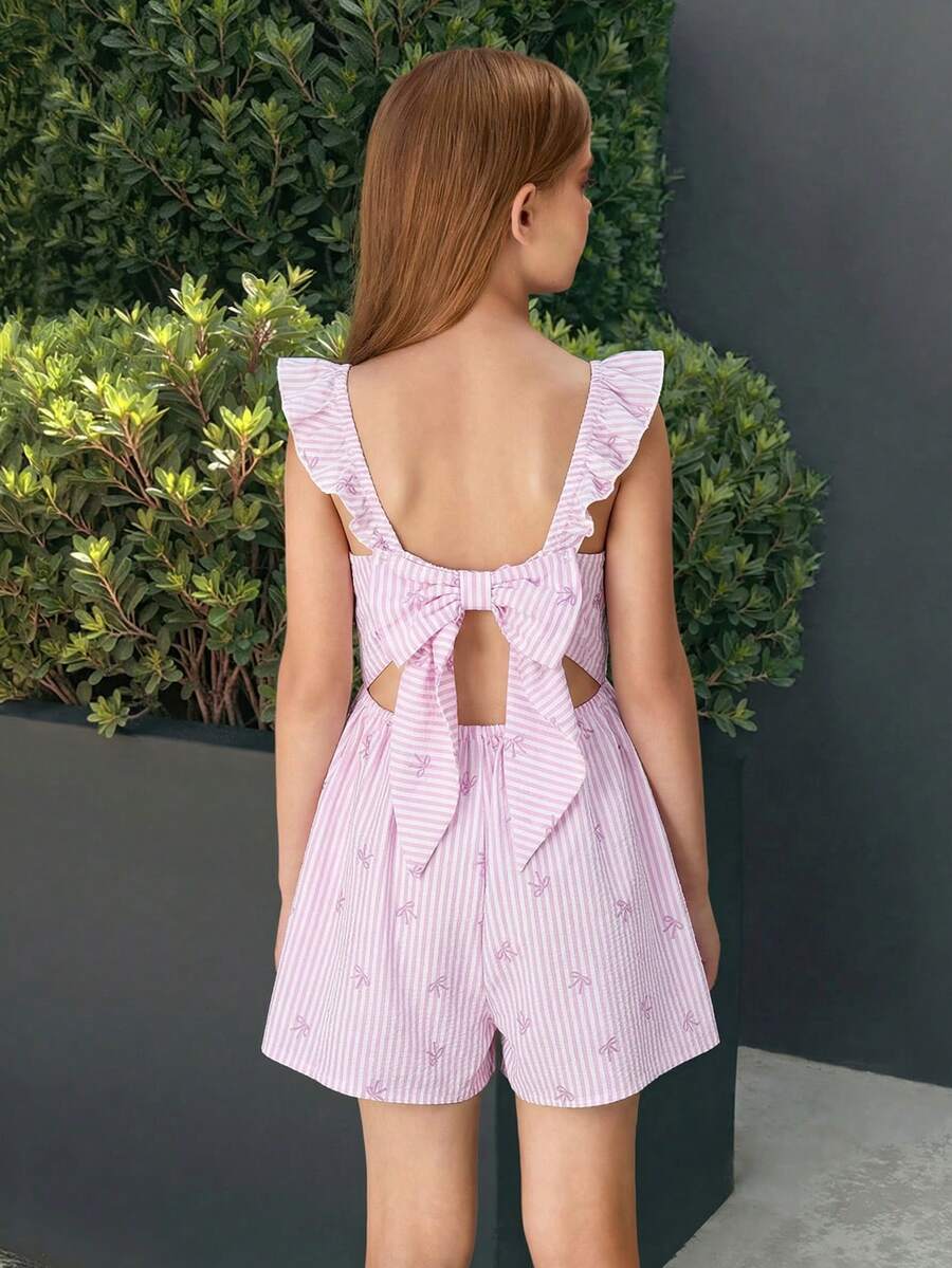 SHEIN Tuta larga con scollo quadrato e maniche a campana a righe per ragazze pre-adolescenti, adatta per le vacanze - Viola malva - Visualizzare 1
