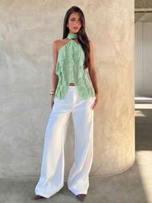 Aloruh Áo camisole nữ thanh lịch nhiều lớp, cổ đứng, viền bèo nhún, ôm sát. - Màu xanh Ô liu - Xem 3