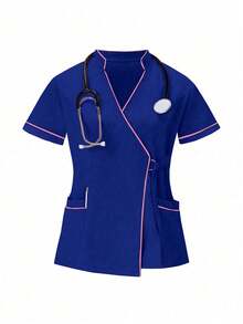 TaskEZ Conjunto de uniformes médicos: Top de cuello en V de manga corta y pantalones para trabajadores de la salud - azul real - Ver 3