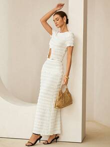 Lymera Conjunto de top corto blanco suave y cómodo casual y falda de cintura elástica para mujer, primavera/verano - Blanco - Ver 8
