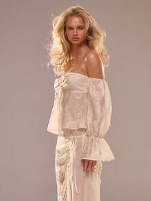 MUSERA 露肩编织褶皱飘逸上衣 夏季度假海滩伊比沙岛可爱节日优雅樱桃月 - 杏色 - 查看 3