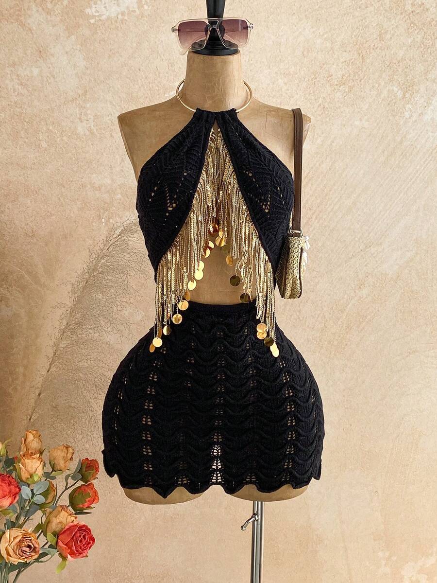Soleia 女士金属装饰露背流苏设计性感约会之夜针织连衣裙 - 黑色 - 查看 1