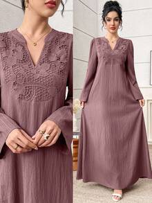 Al Najma Đầm ren tay bồng phối ren tương phản, kiểu dáng Ả Rập thanh lịch dành cho nữ. - Bụi tím - Xem 6