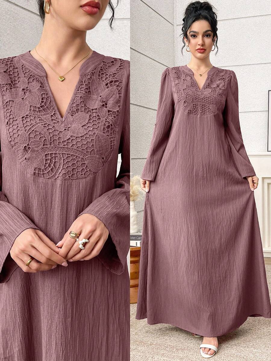 Al Najma 女士优雅阿拉伯风格撞色蕾丝荷叶袖连衣裙 - 淺灰紫 - 查看 1